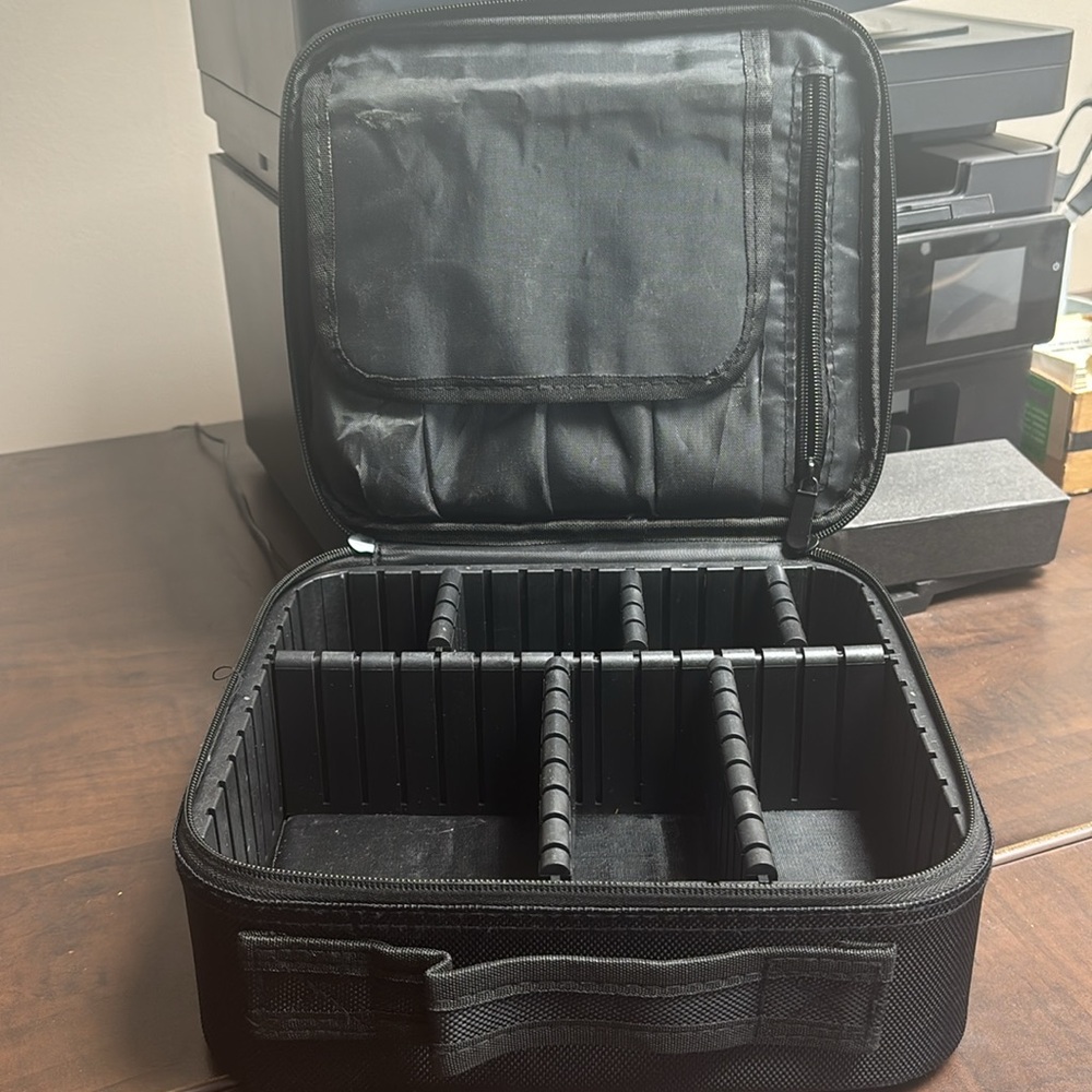 Used Black Makeup Organizer with Compartments and Hinged Lid